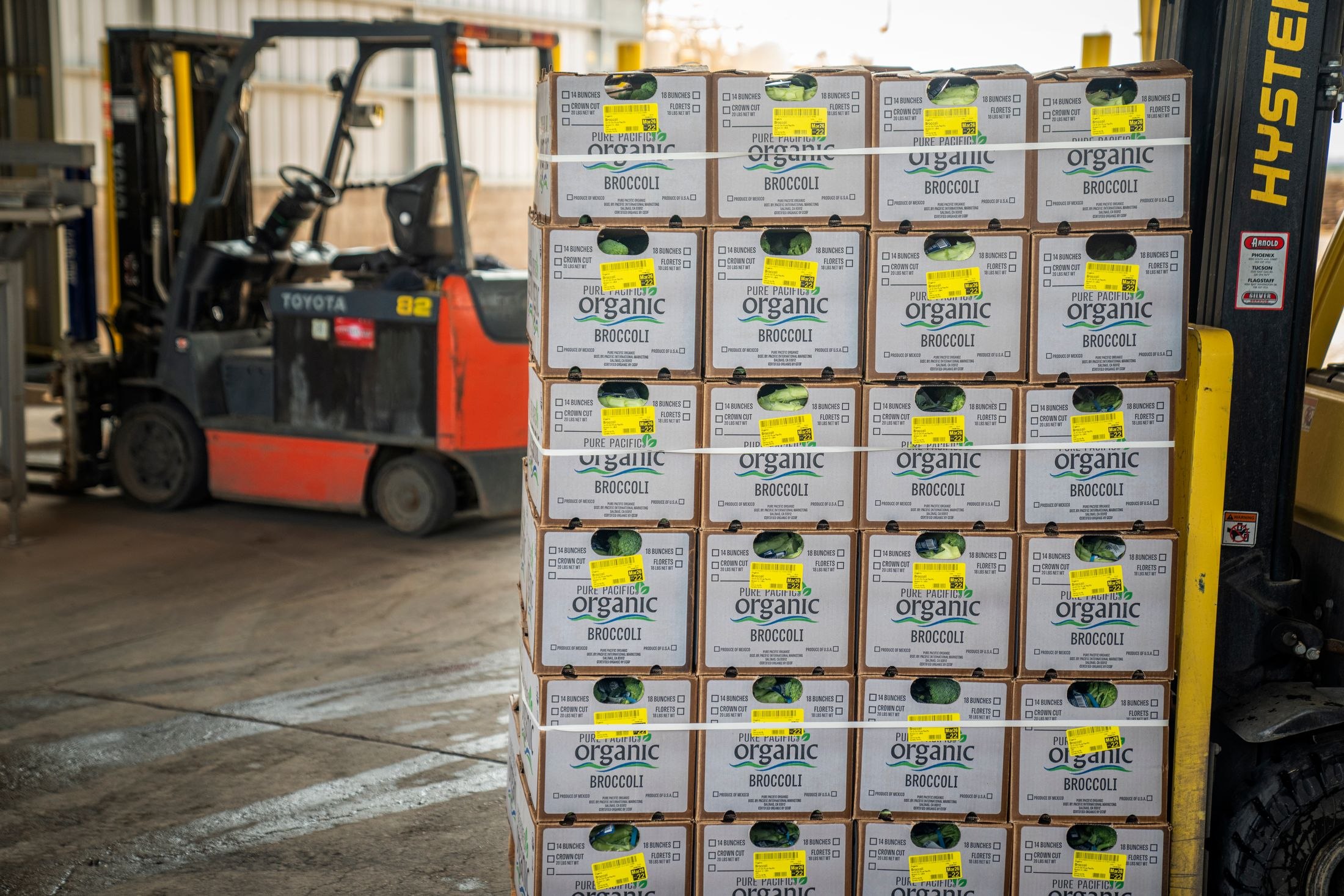 Stacked produce cartons beside forklifts in a warehouse loading area